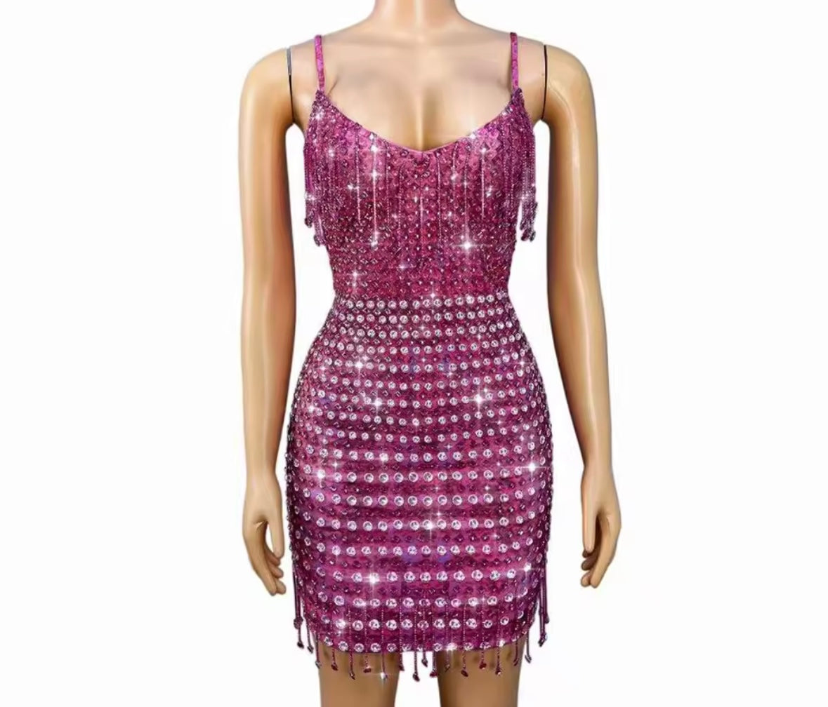Pink Sexy Sleeveless Rhinestone Tassel Dress