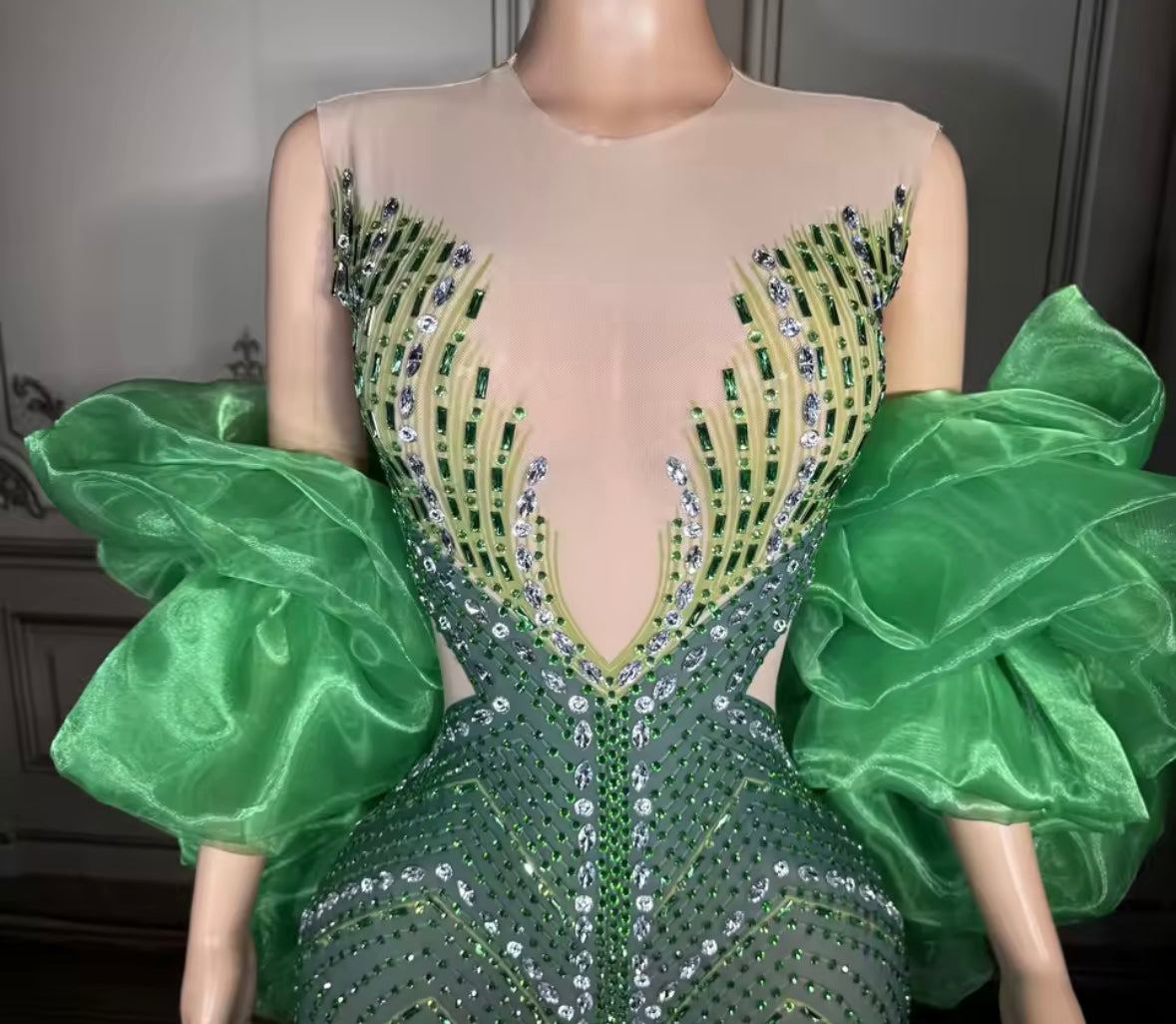 Sexy Green Puff Ruffled Sleeve Rhinestone Front Splits Maxi Dress