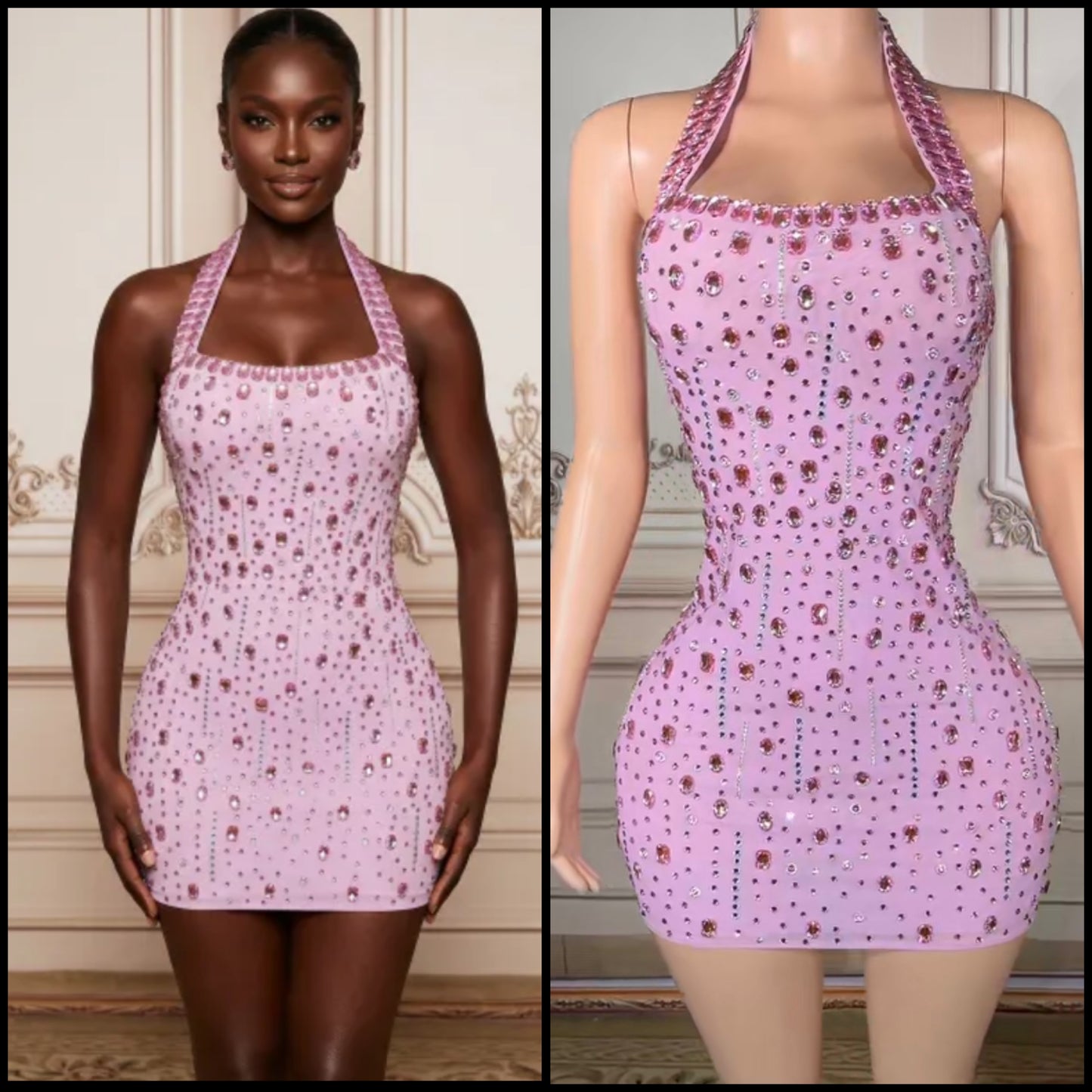 Sexy Pink Halter Sleeveless Crystal Short Dress
