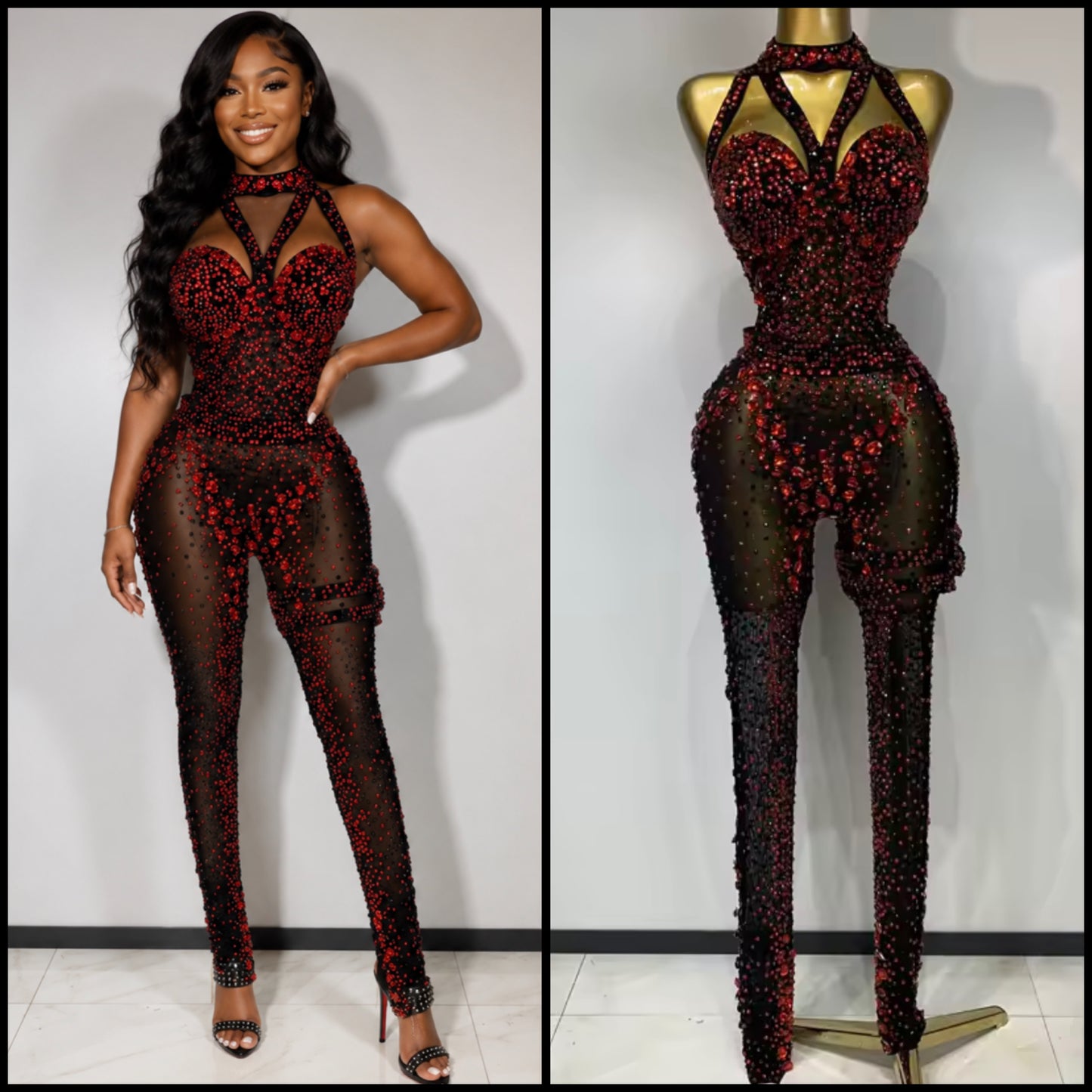 Black Sexy Halter Sleeveless Red Rhinestone See Through Jumpsuit