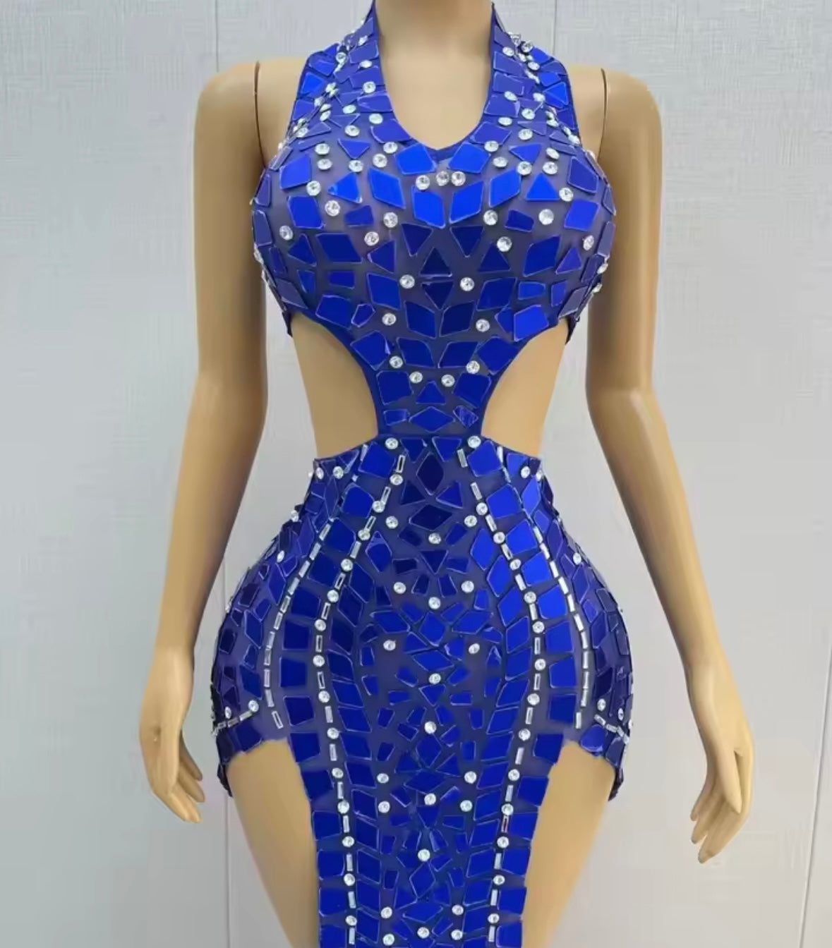 Blue Halter Open Back Sleeveless Mirror Rhinestone Maxi Dress
