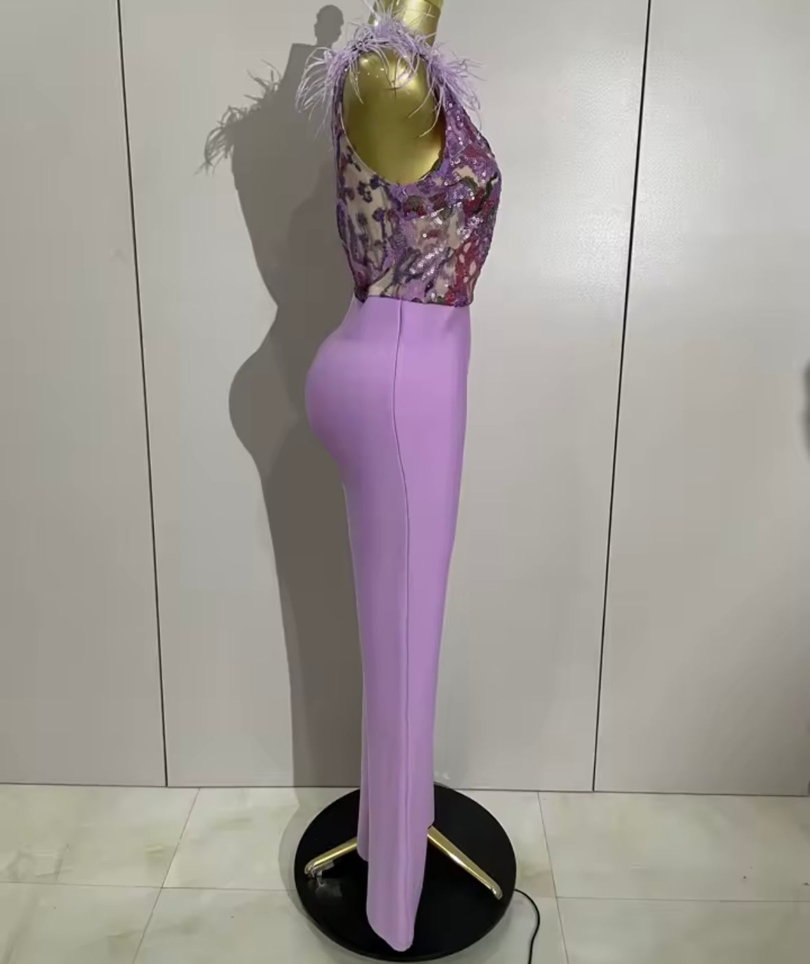 Sleeveless Sequins Feather Lavender Jumpsuit