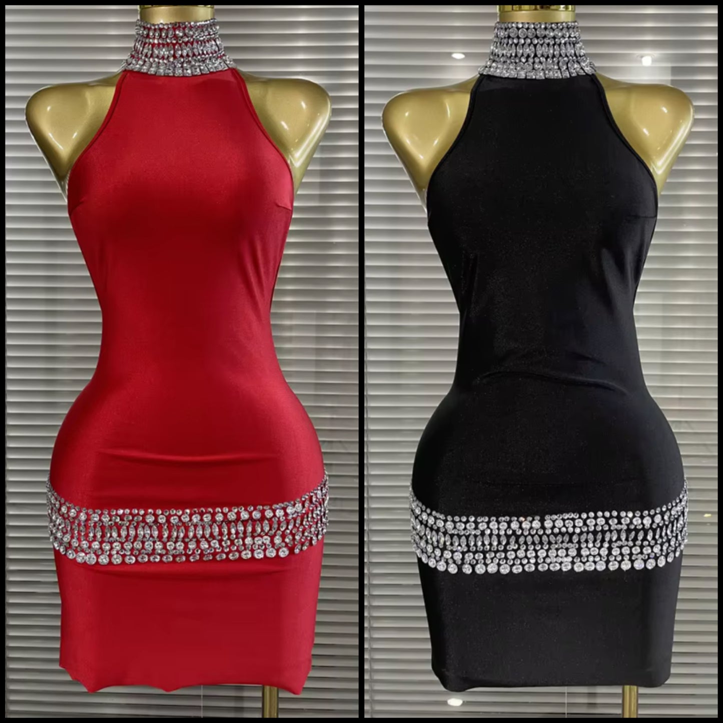 Sexy Halter Open Back Sleeveless Rhinestone Patchwork Dress