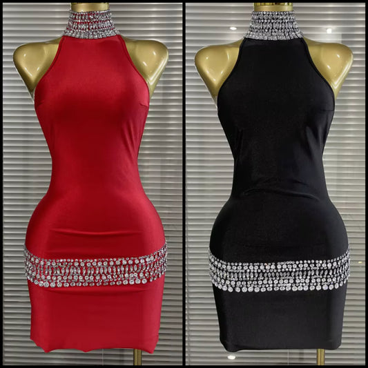 Sexy Halter Open Back Sleeveless Rhinestone Patchwork Dress