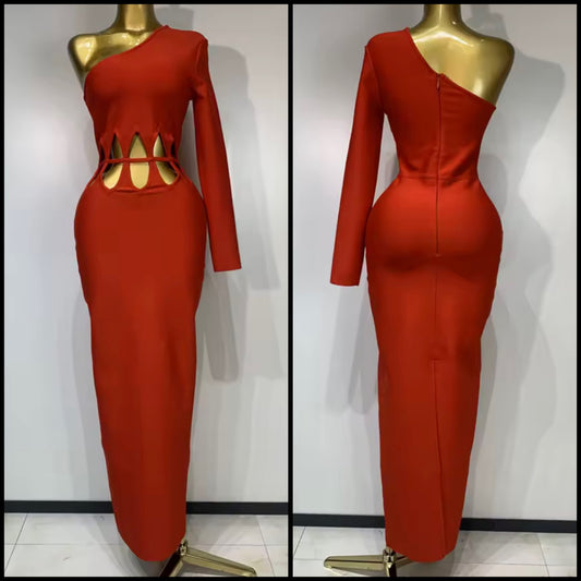 Red Elegant One Shoulder Hollow Out Maxi Dress