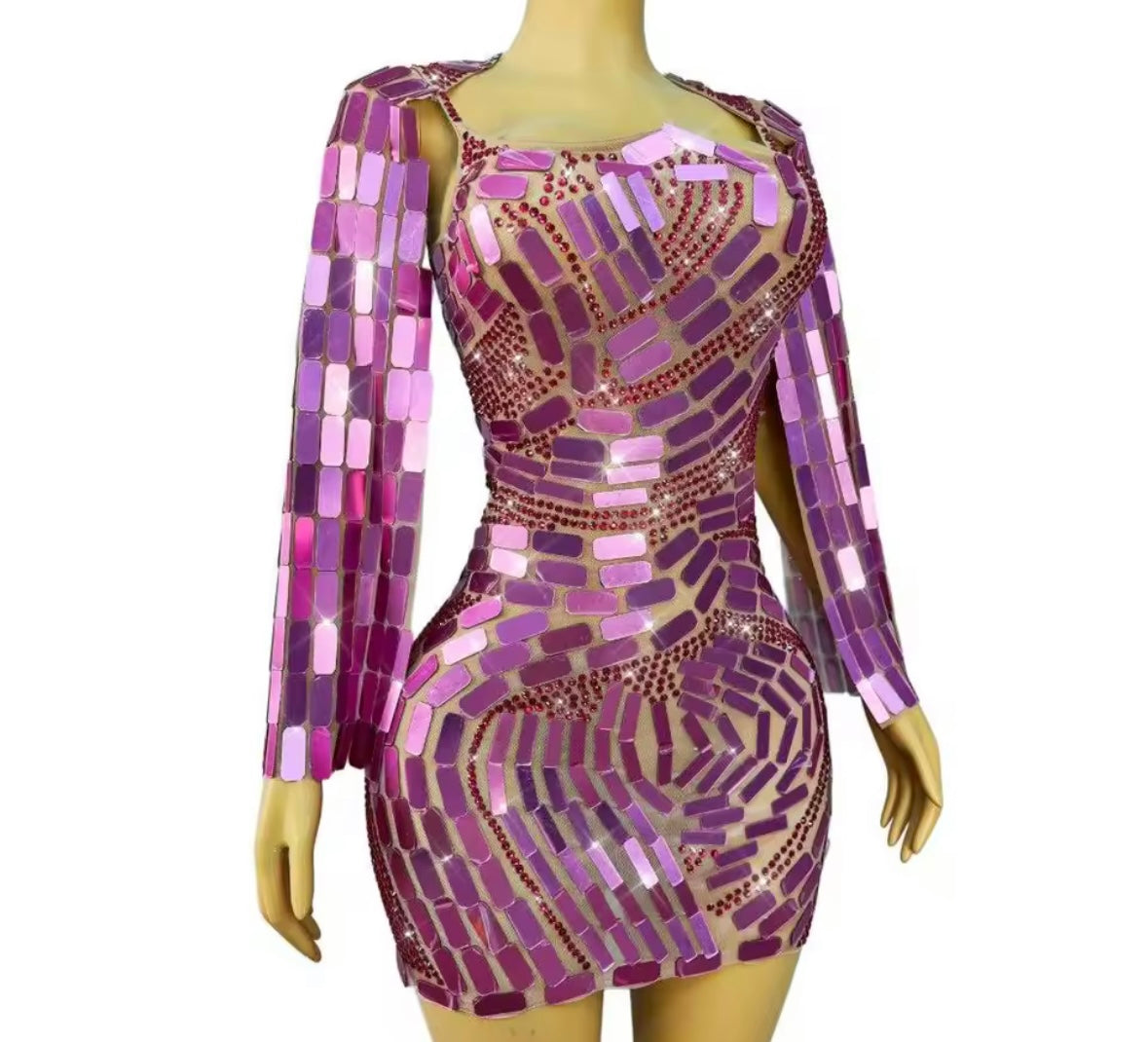Sexy Mirror Rhinestone Full Sleeve Short Dress