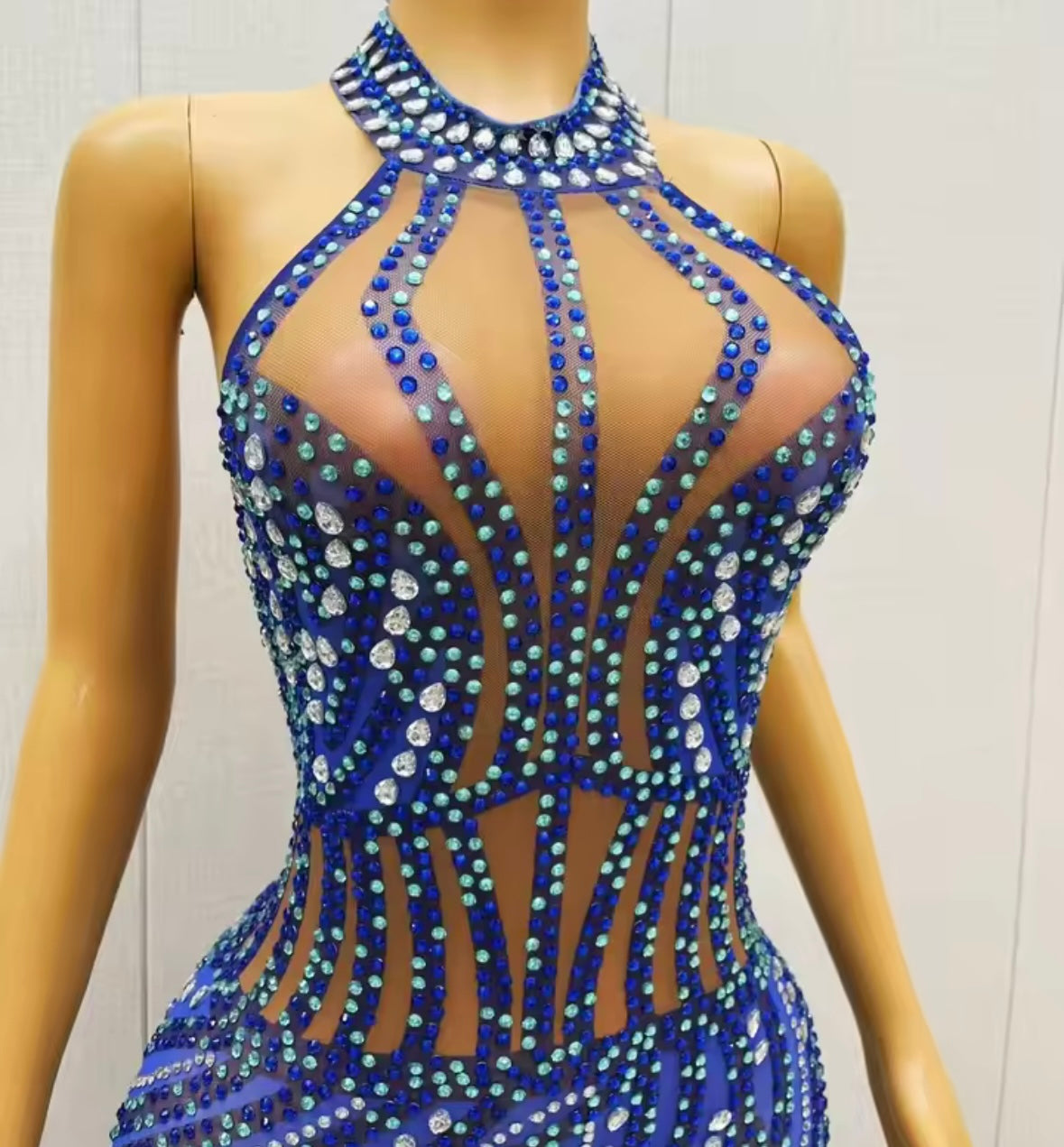 Blue Halter Sleeveless Rhinestone Embellishment Maxi Dress
