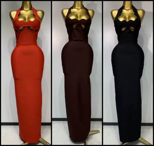 Sexy Halter Sleeveless Hollow Out Floor-Length Dress