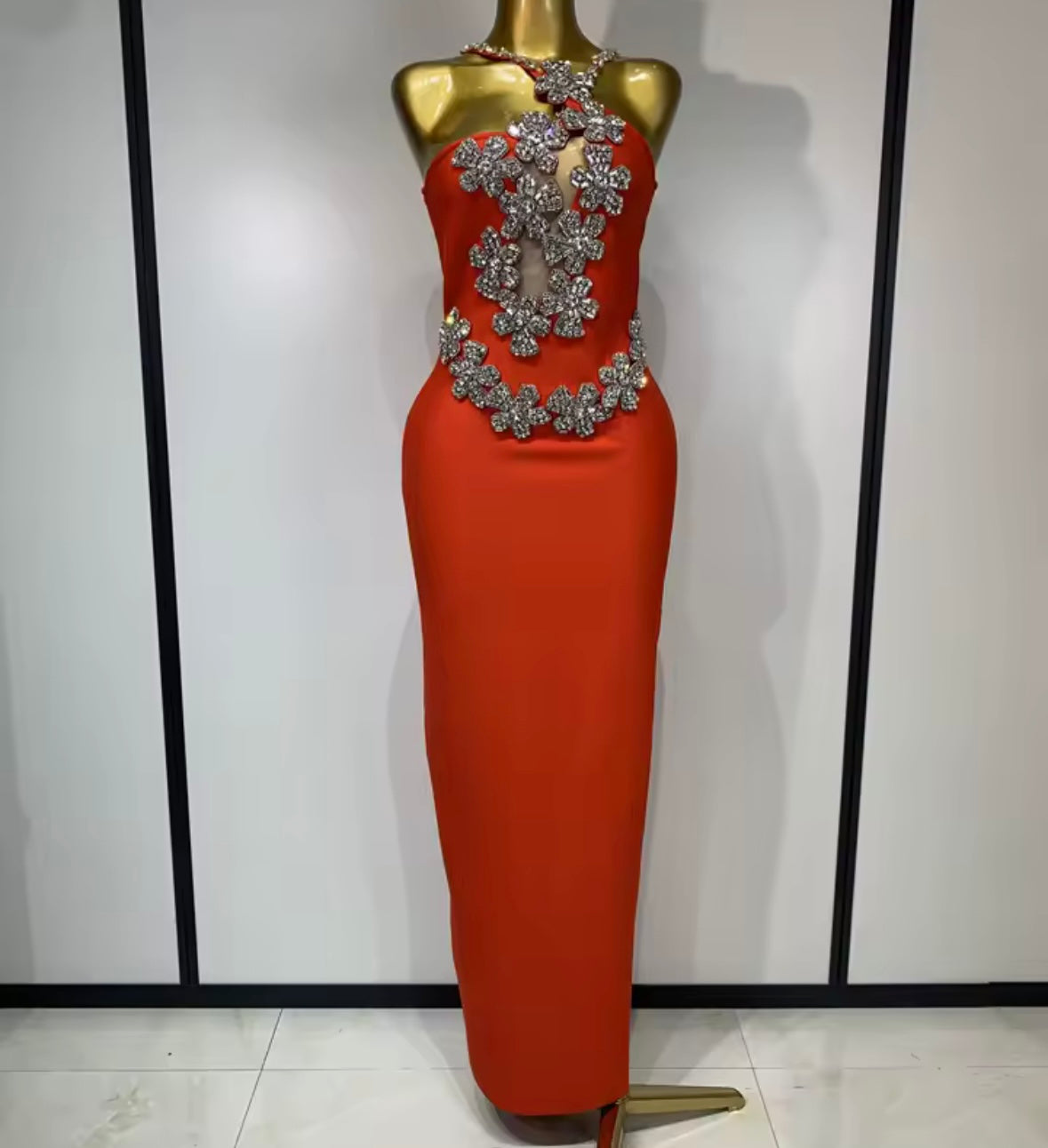 Sexy Sleeveless Floral Rhinestone Maxi Dress