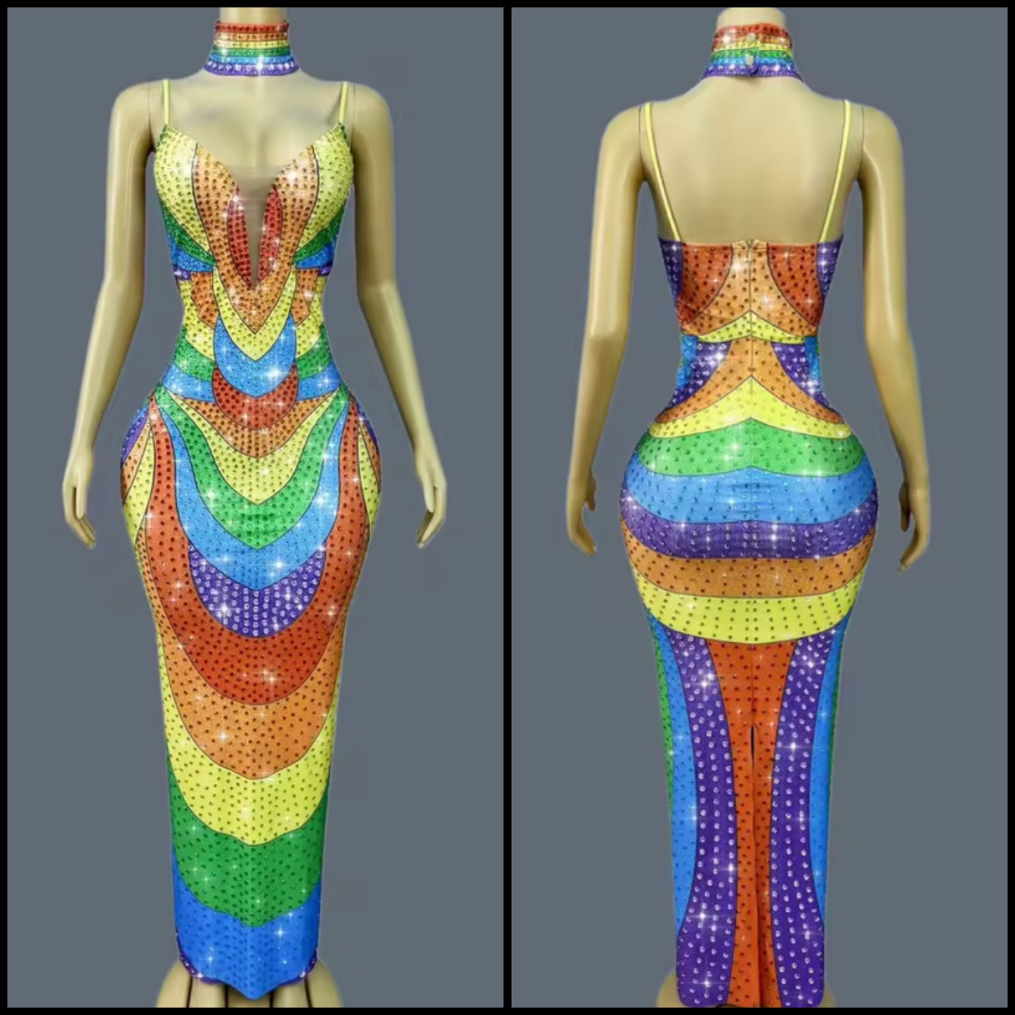 Sexy Choker Sleeveless Colorful Rhinestone Maxi Dress