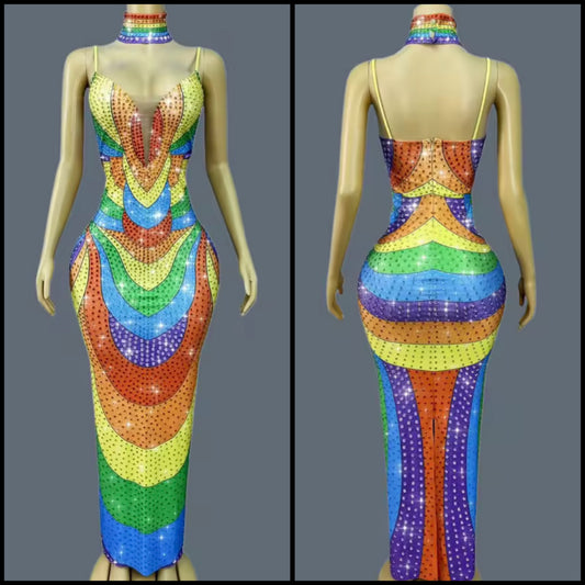 Sexy Choker Sleeveless Colorful Rhinestone Maxi Dress