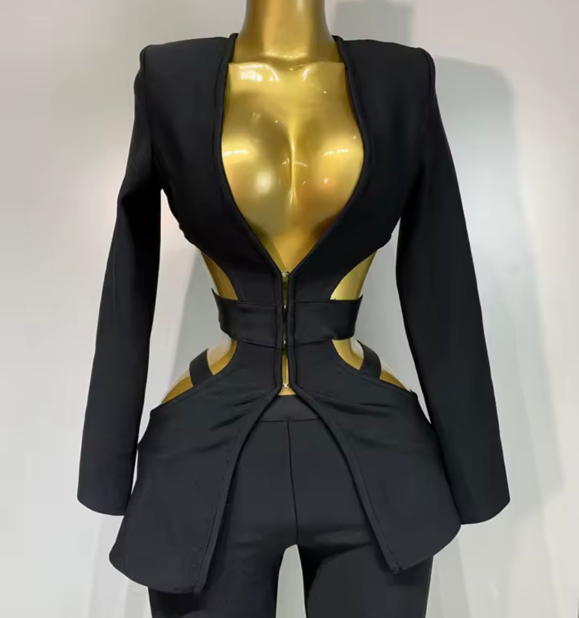 Black Sexy Hollow Out Full Sleeve Blazer Pant Set