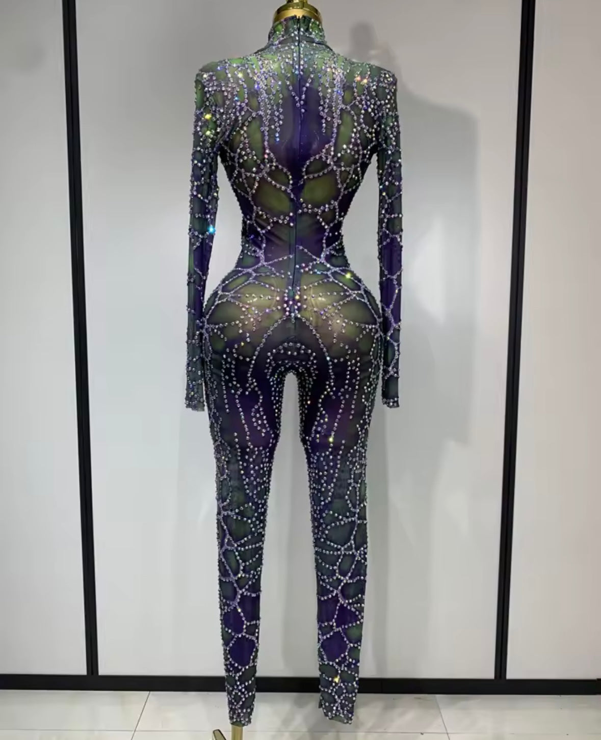 Sexy Color Rhinestone Mesh Full Sleeve Jumpsuit