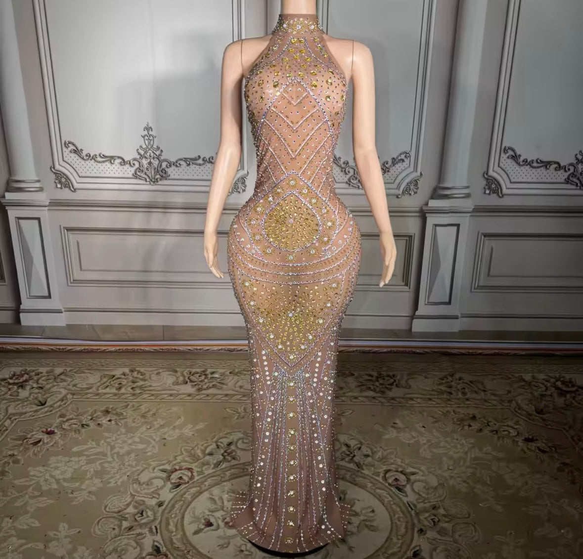 Rhinestone Embellishment Sexy Sleeveless Back Split Maxi Dress