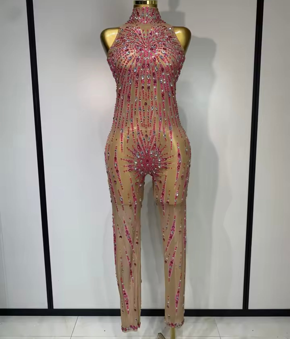 Sleeveless Color Rhinestone Sexy Mesh Jumpsuit