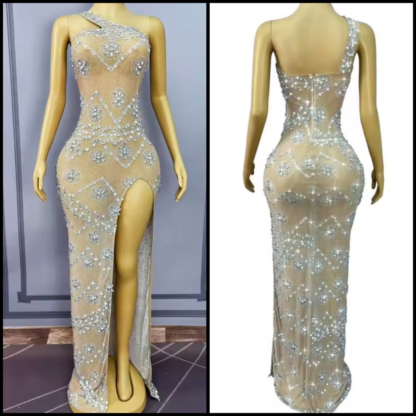 Sexy One Shoulder Sleeveless Rhinestone Side Split Maxi Dress