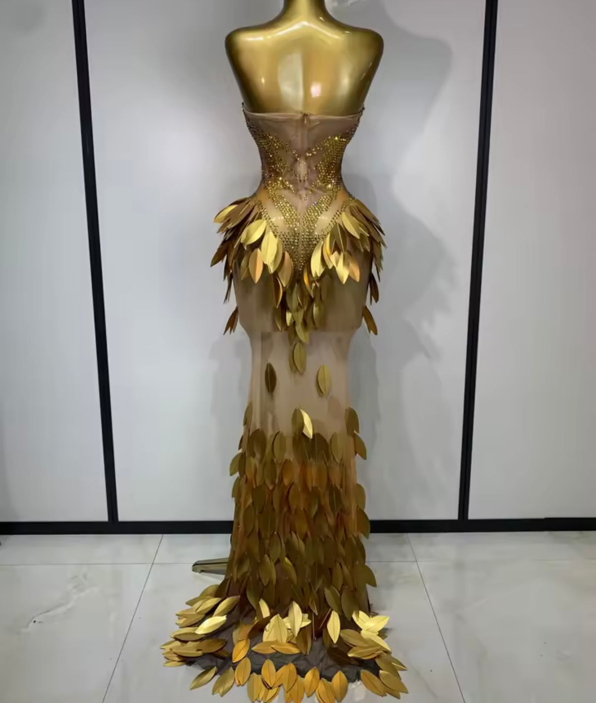 Gold Sexy Strapless Rhinestone Sequins See Through Maxi Dress