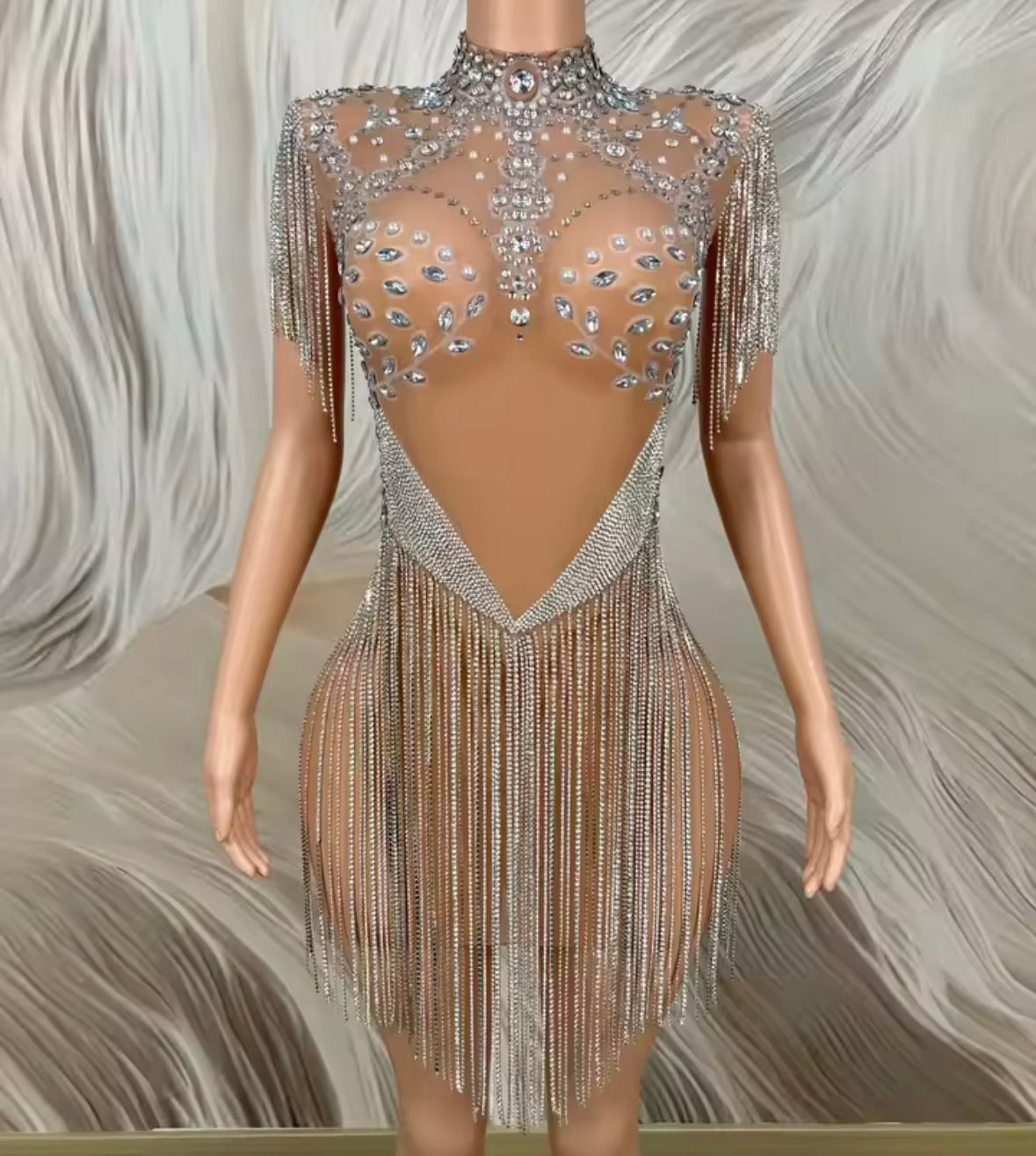 Sexy Rhinestone Tassel See Through Sleeveless Dress
