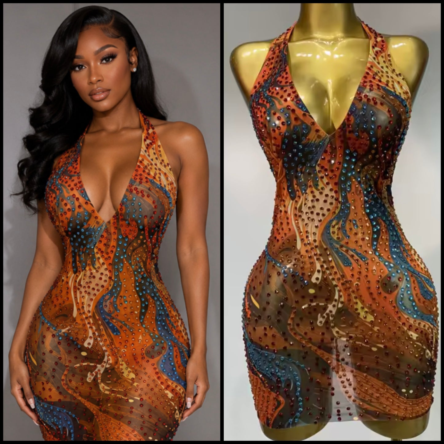 Sexy Halter Sleeveless Multicolored Rhinestone Dress