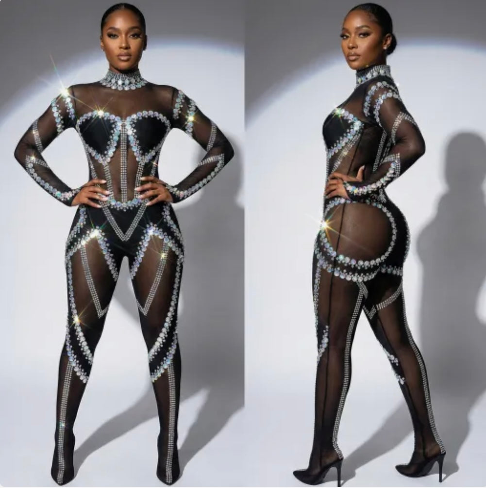 Sexy Black Sequins Crystal Choker Full Sleeve Jumpsuit