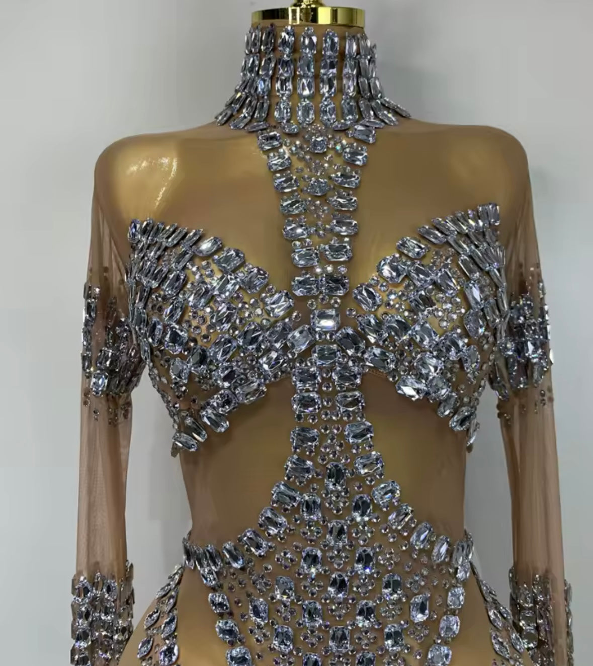 Nude Rhinestone Embellishment Full Sleeve Sexy Jumpsuit