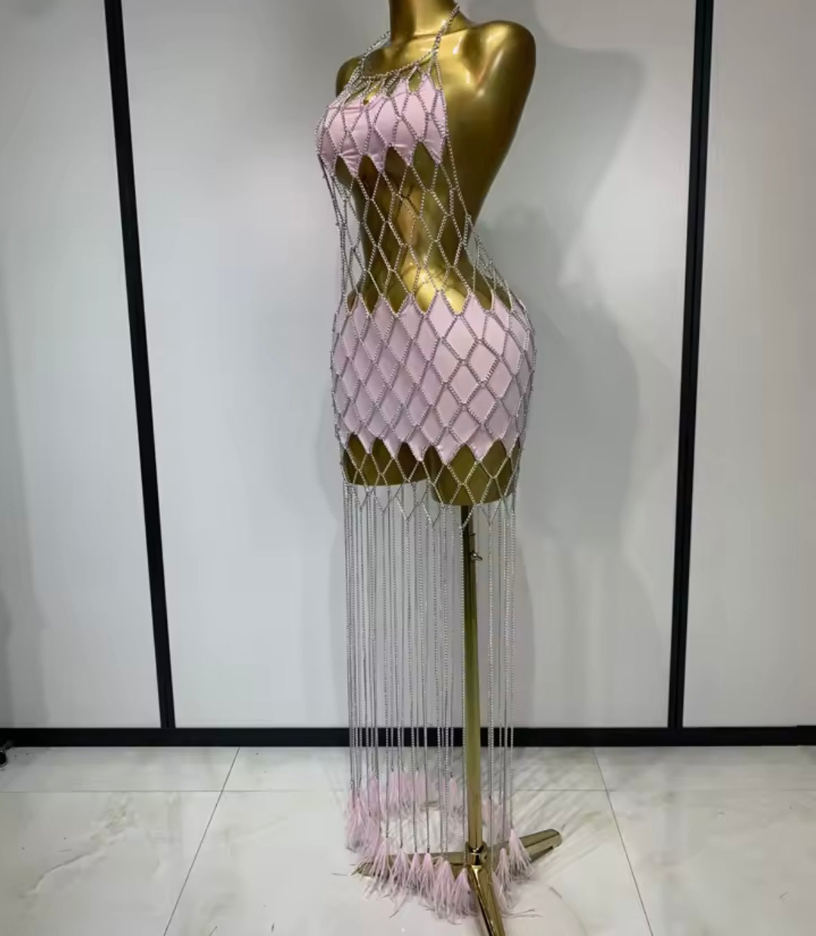 Sexy Pink Halter Sleeveless See Through Chain Tassel Dress