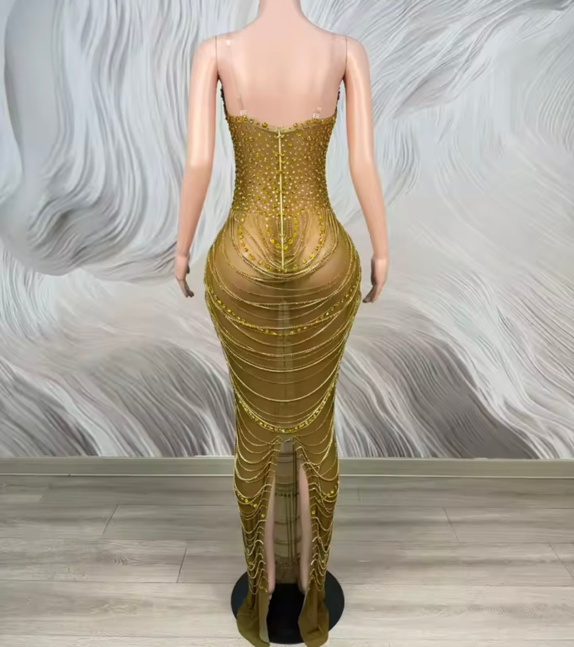 Sexy Rhinestone Strapless Chain Tassel Maxi Dress
