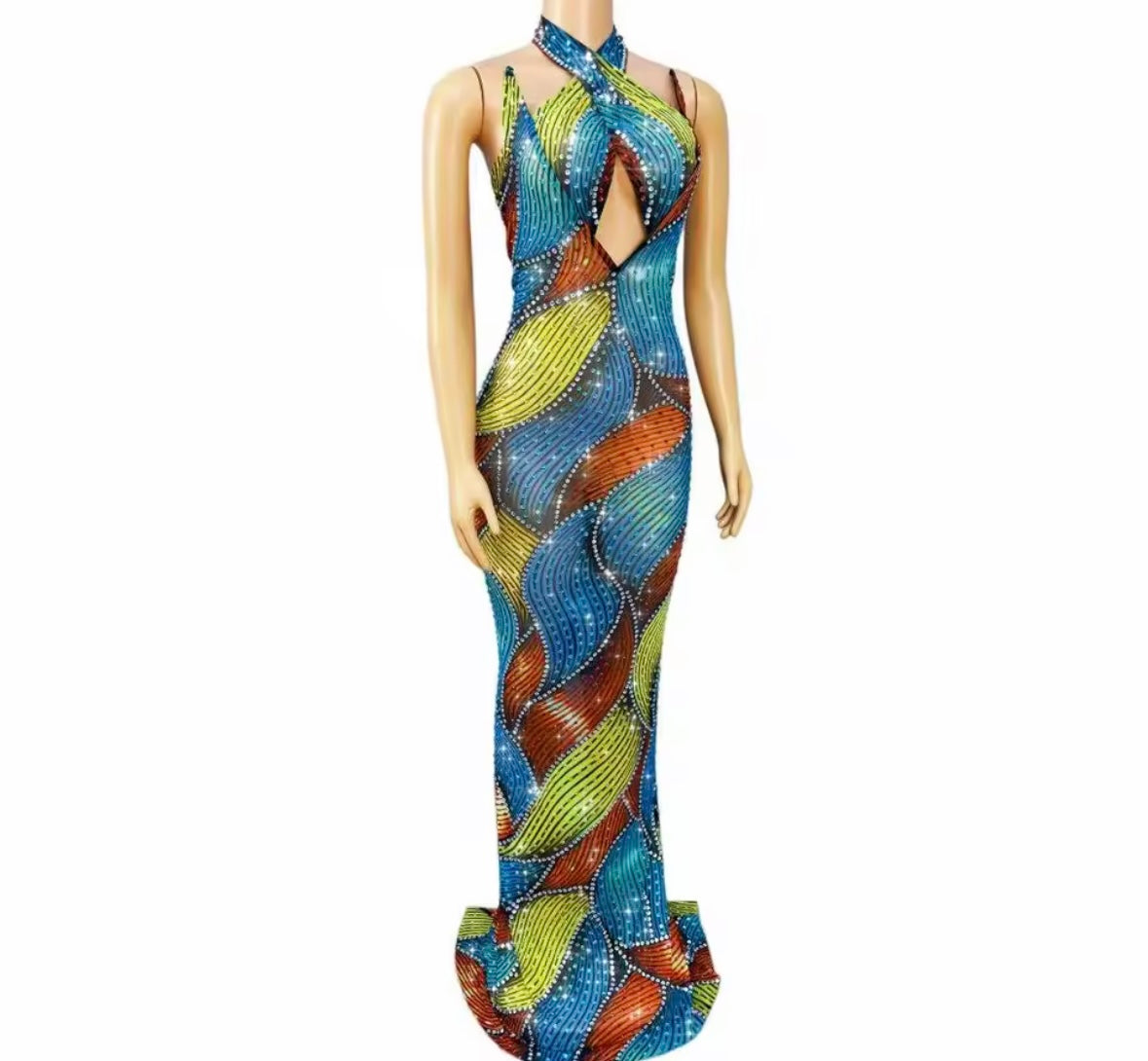 Sexy Multicolored Halter Sleeveless Rhinestone Maxi Dress