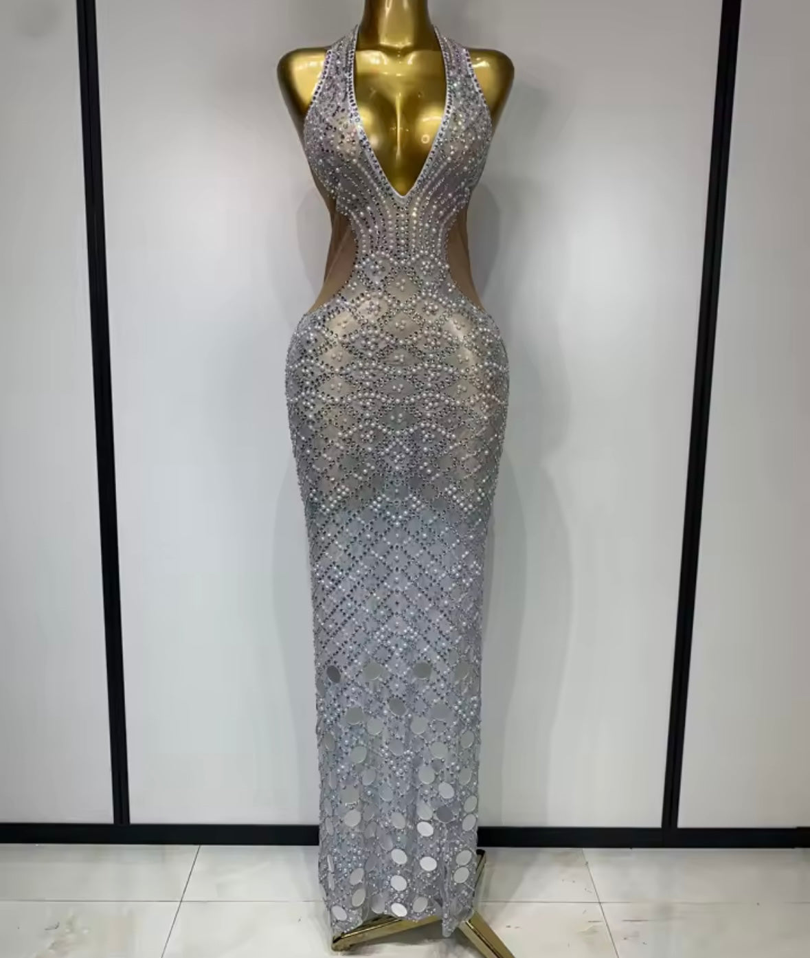 Sexy Sleeveless Beaded Rhinestone Silver Dress