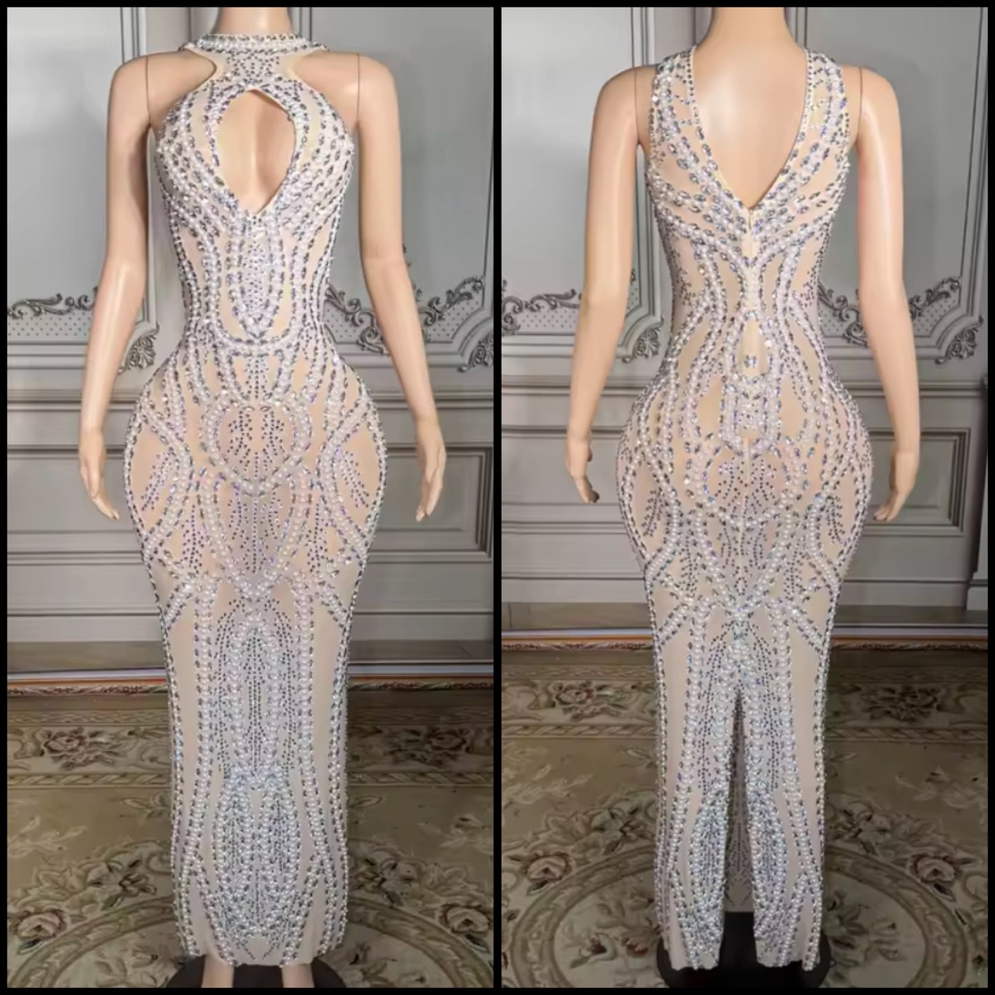 Sexy Sleeveless Pearl Rhinestone See Through Maxi Dress