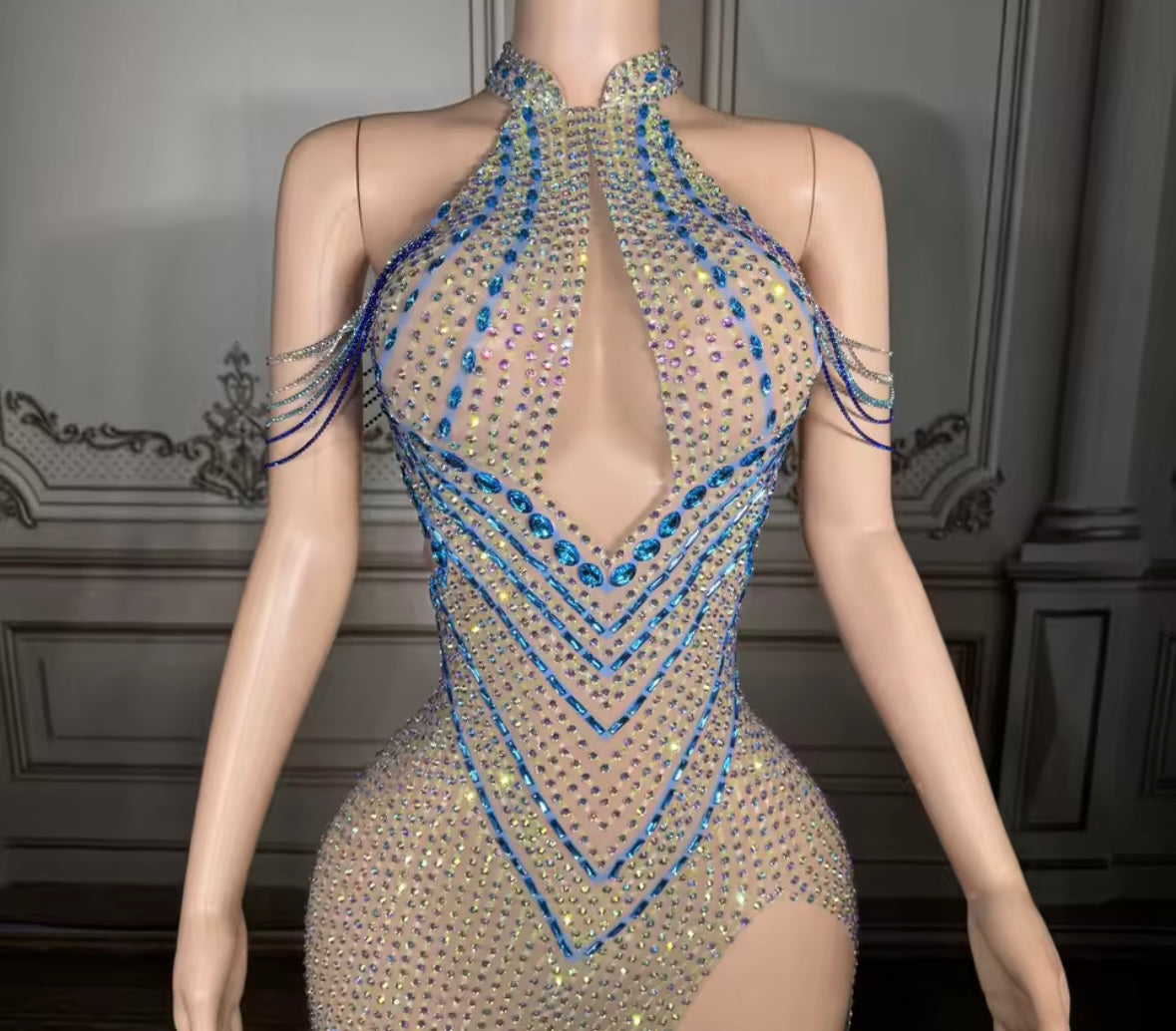 Sexy Halter Sleeveless Color Rhinestone Side Split Maxi Dress