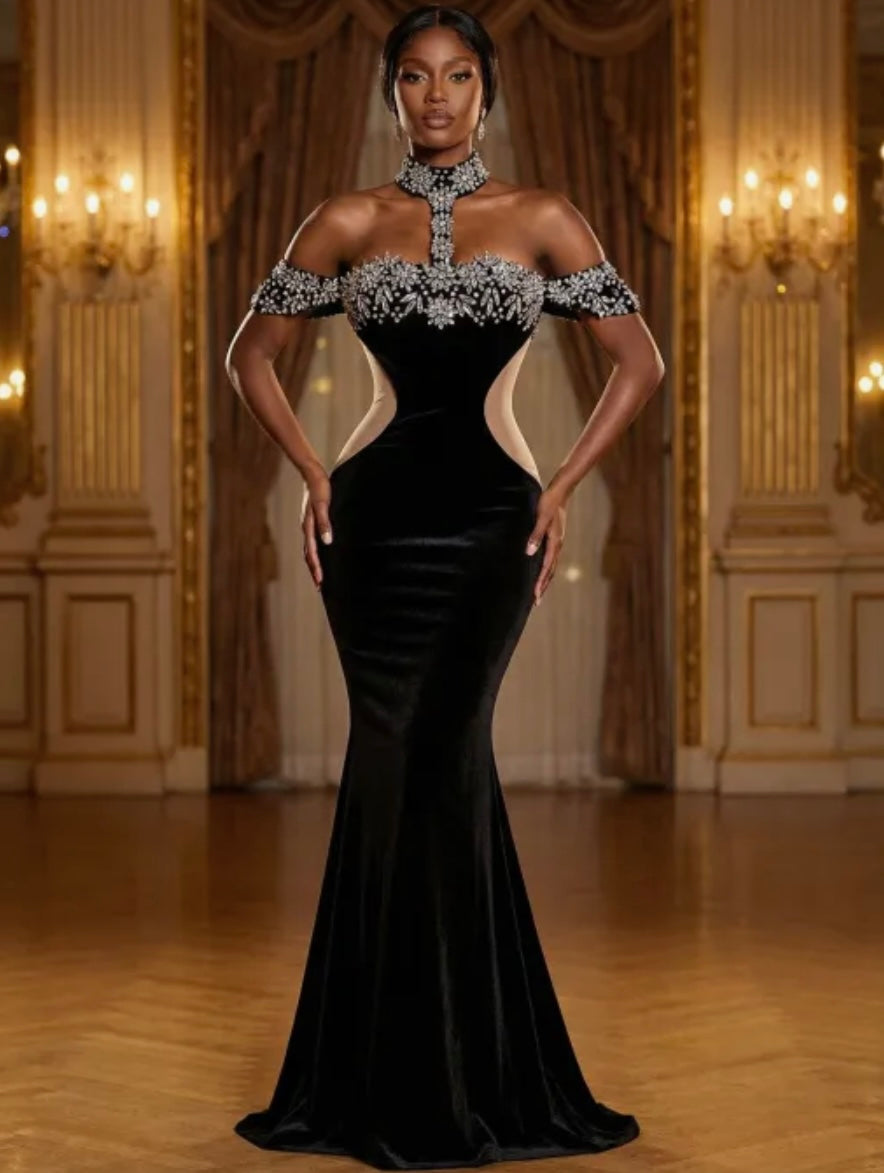 Elegant Black Floral Rhinestone Halter Maxi Dress