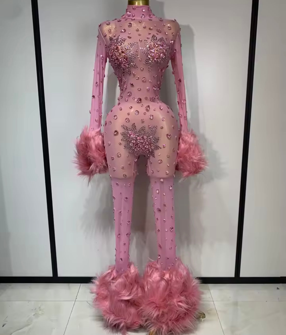 Rhinestone Feather Full Sleeve Sexy Mesh Jumpsuit