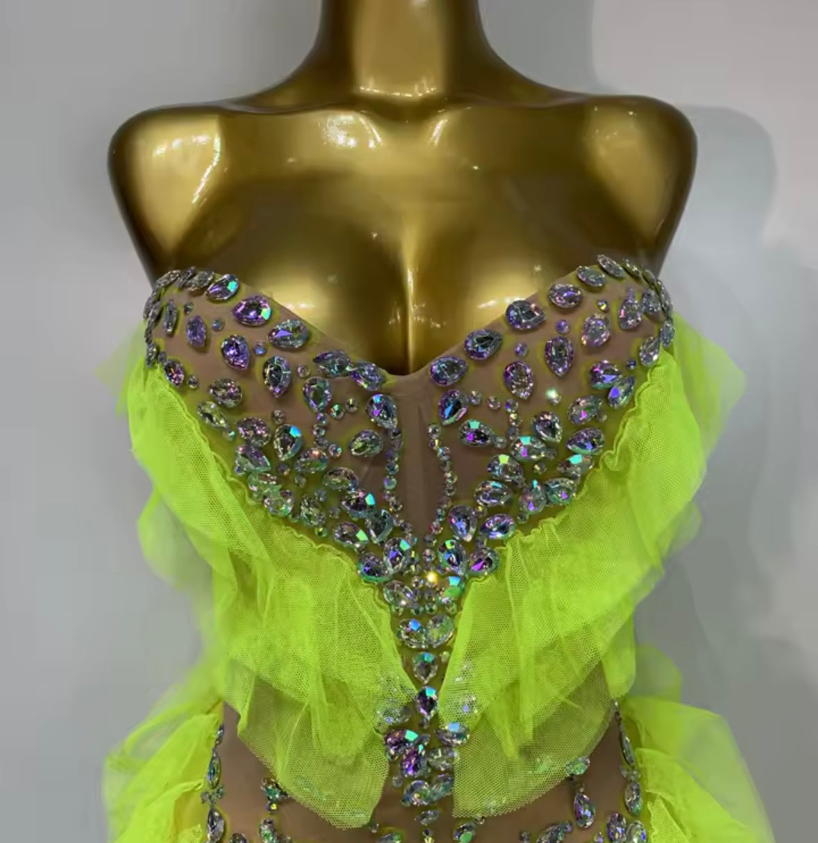 Sexy Strapless Rhinestone Ruffle See Through Dress