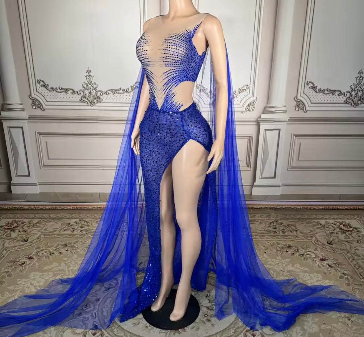 Blue Sexy Sleeveless Rhinestone Side Split Maxi Dress