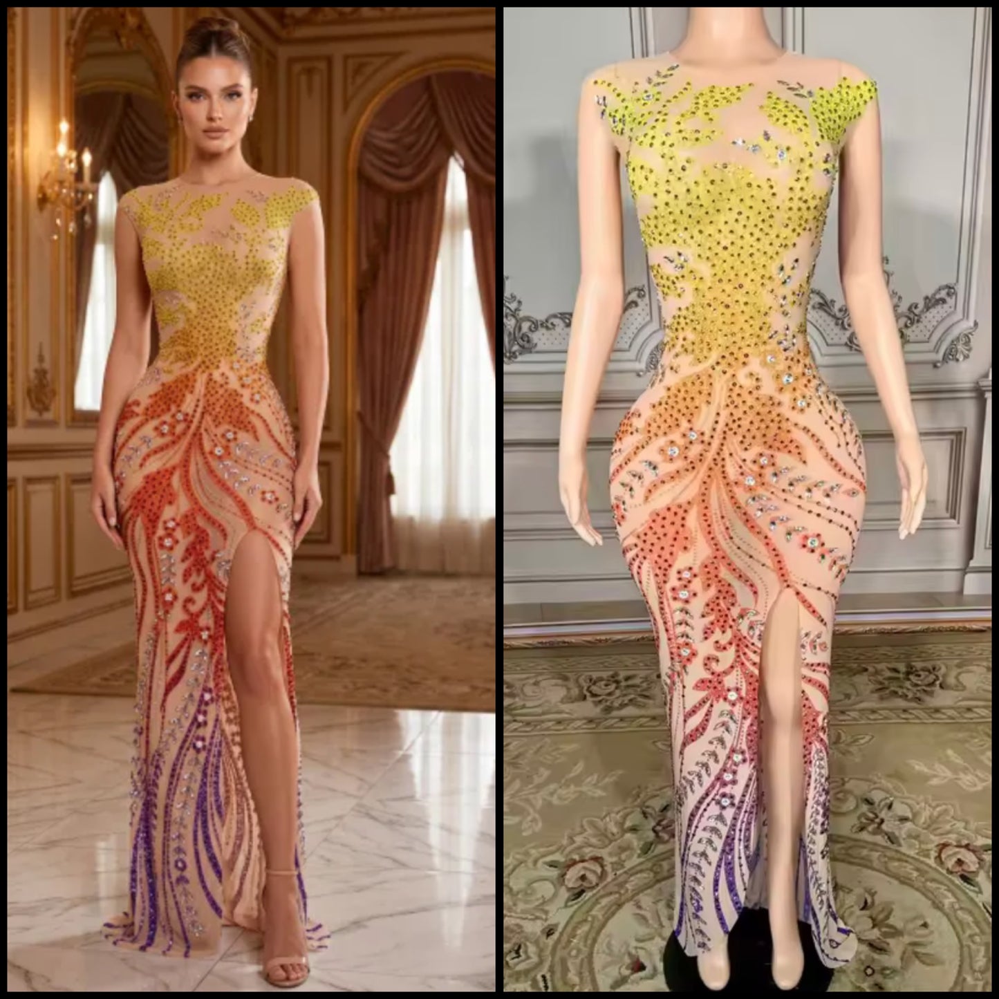 Sexy Sleeveless Multicolored Rhinestone Maxi Dress