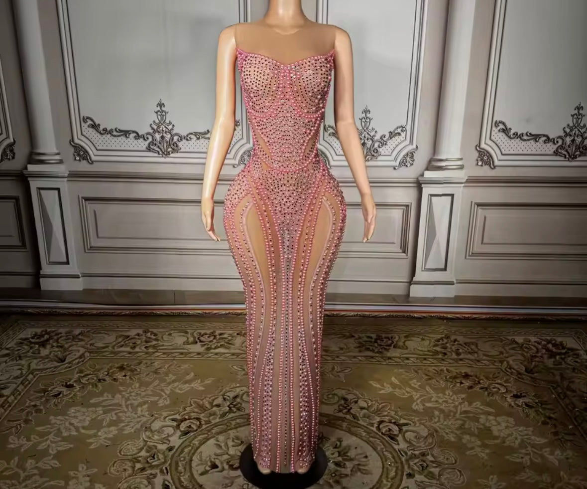 Sexy Sleeveless Pink Beaded Rhinestone Maxi Dress