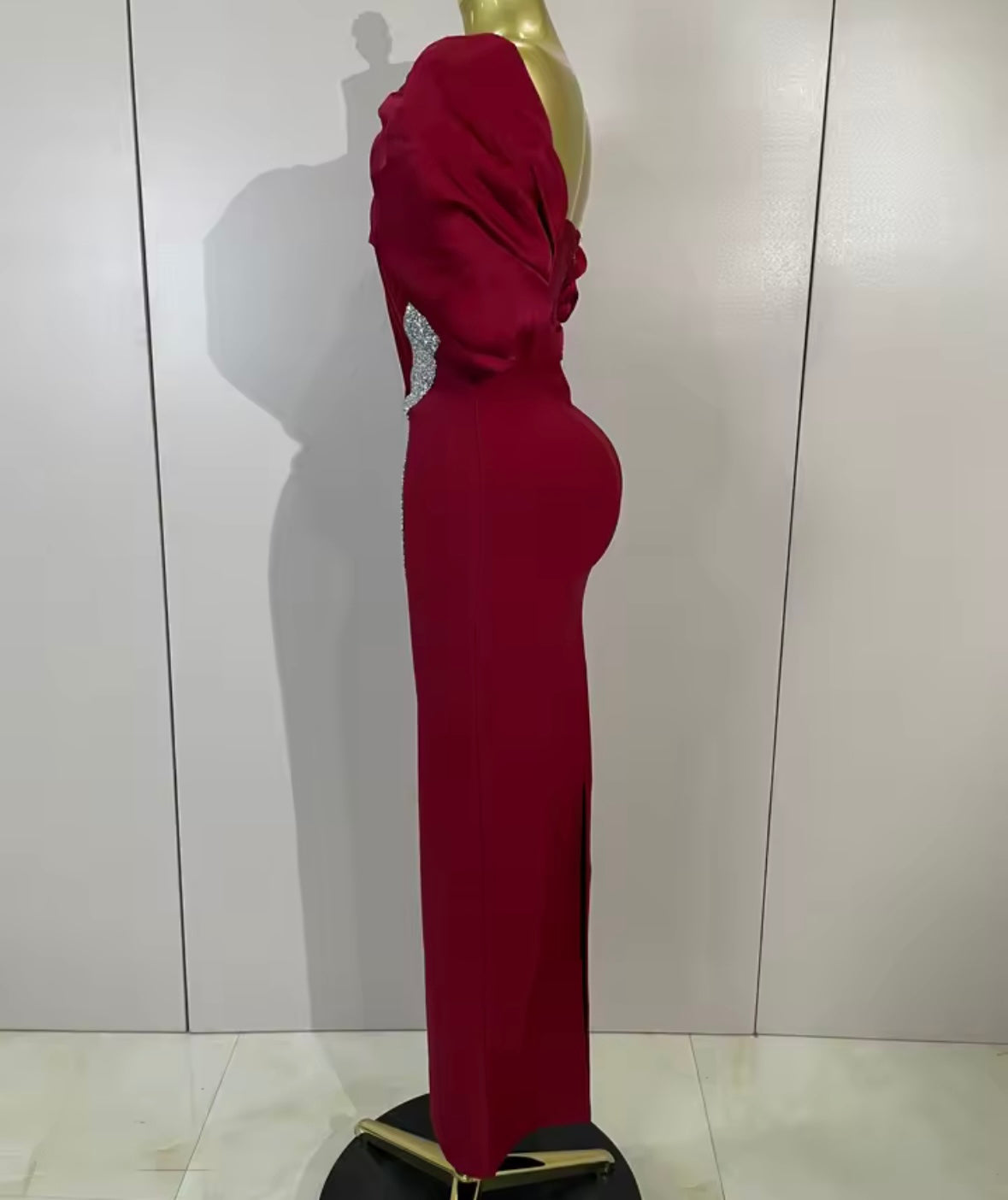 Elegant Puff Sleeve Shiny Rhinestone Maxi Dress