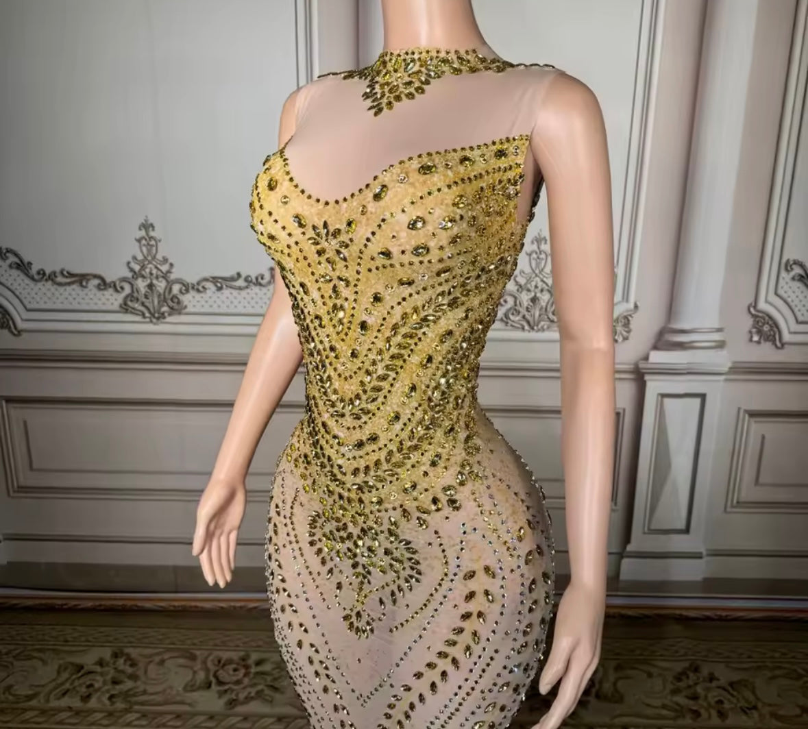 Sexy See Through Sleeveless Rhinestone Embellishment Dress