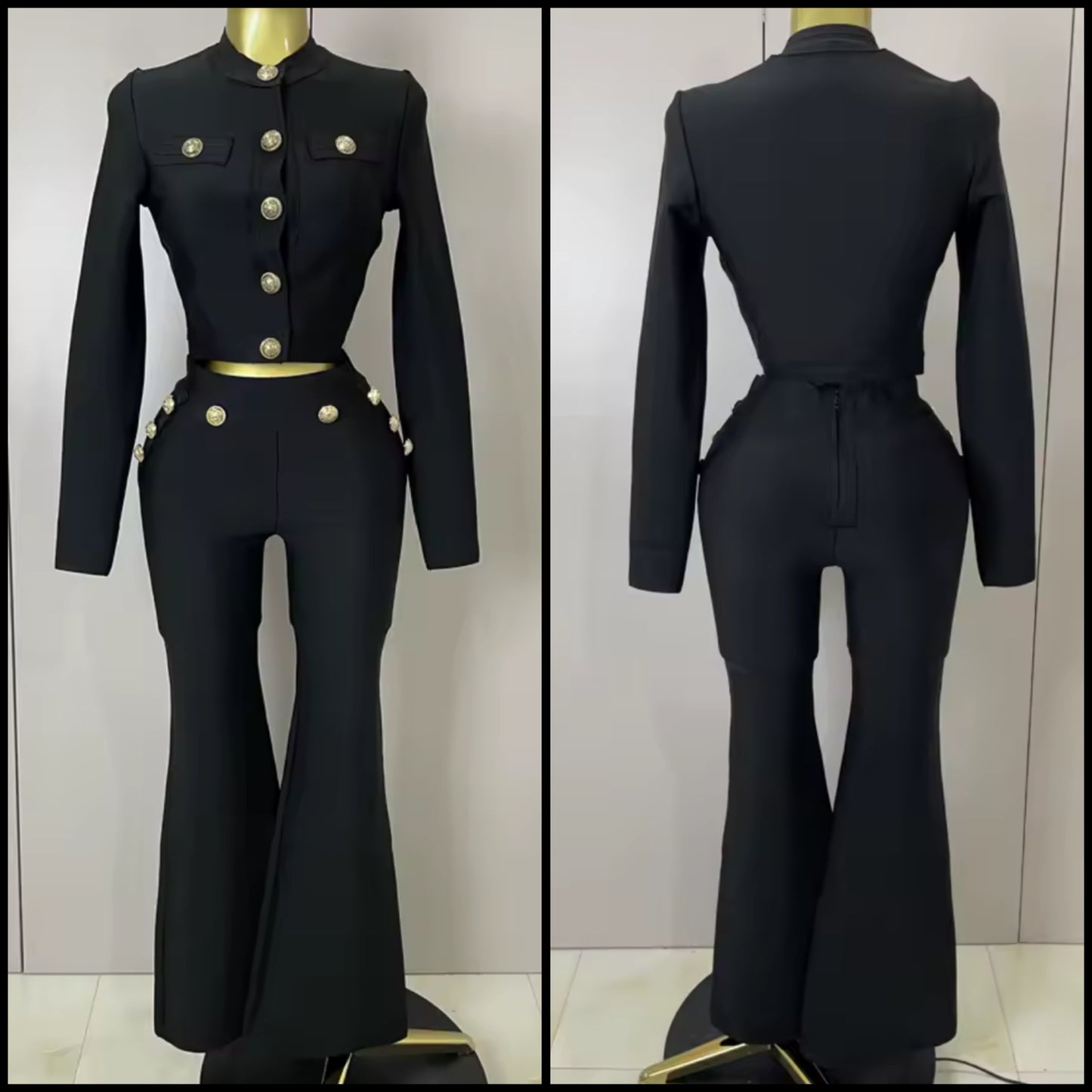 Black Fashion Gold Button Full Sleeve Crop Pant Set