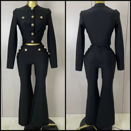 Black Fashion Gold Button Full Sleeve Crop Pant Set