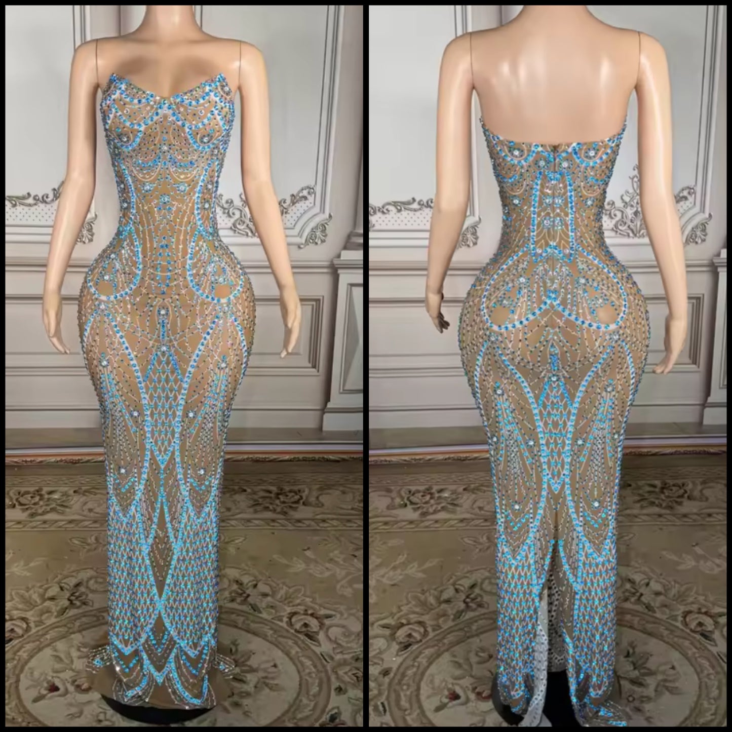 Sexy Strapless Blue Rhinestone See Through Maxi Dress