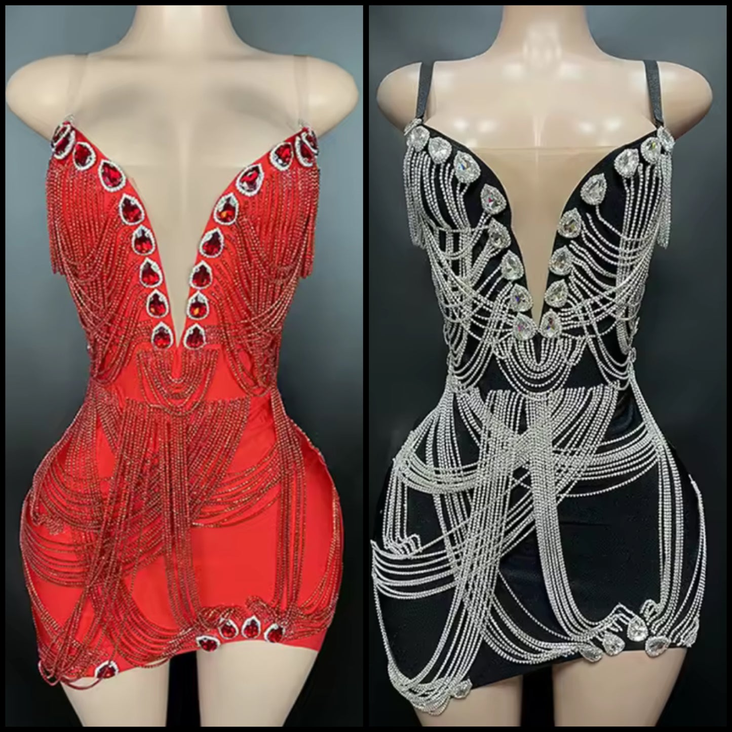 Sexy Sleeveless Crystal Rhinestone Tassel Dress