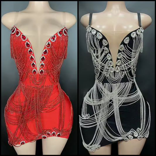 Sexy Sleeveless Crystal Rhinestone Tassel Dress