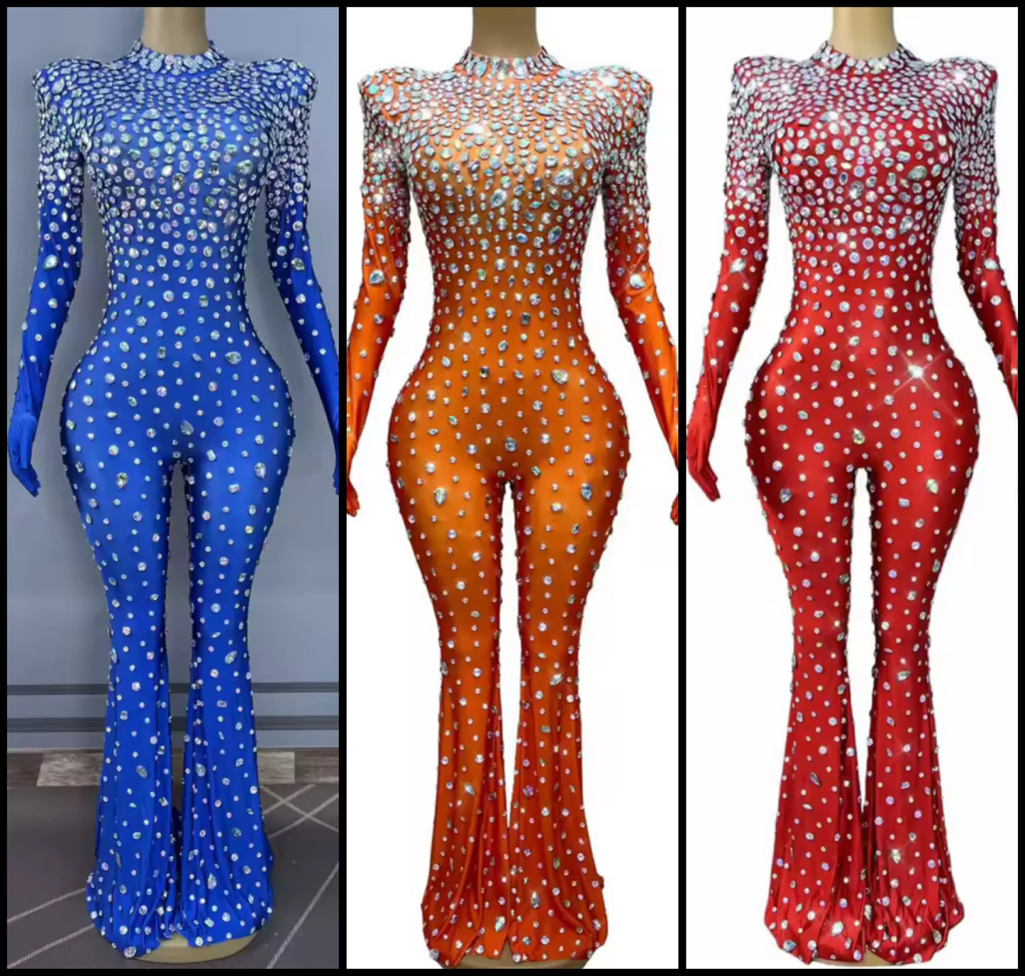 Elegant Rhinestone Glove Full Sleeve Jumpsuit