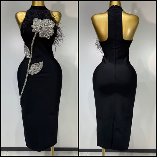 Black Sexy Rhinestone Floral Embellishment Sleeveless Dress
