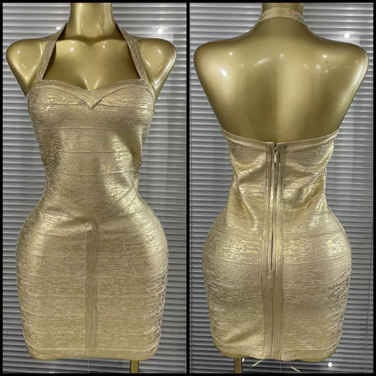 Sexy Gold Halter Sleeveless Bandage Short Dress