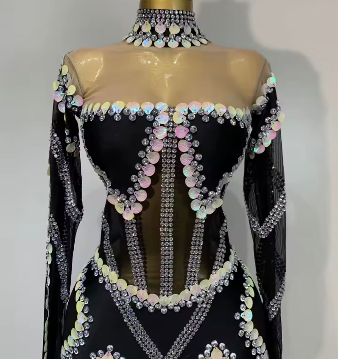 Sexy Black Sequins Crystal Choker Full Sleeve Jumpsuit