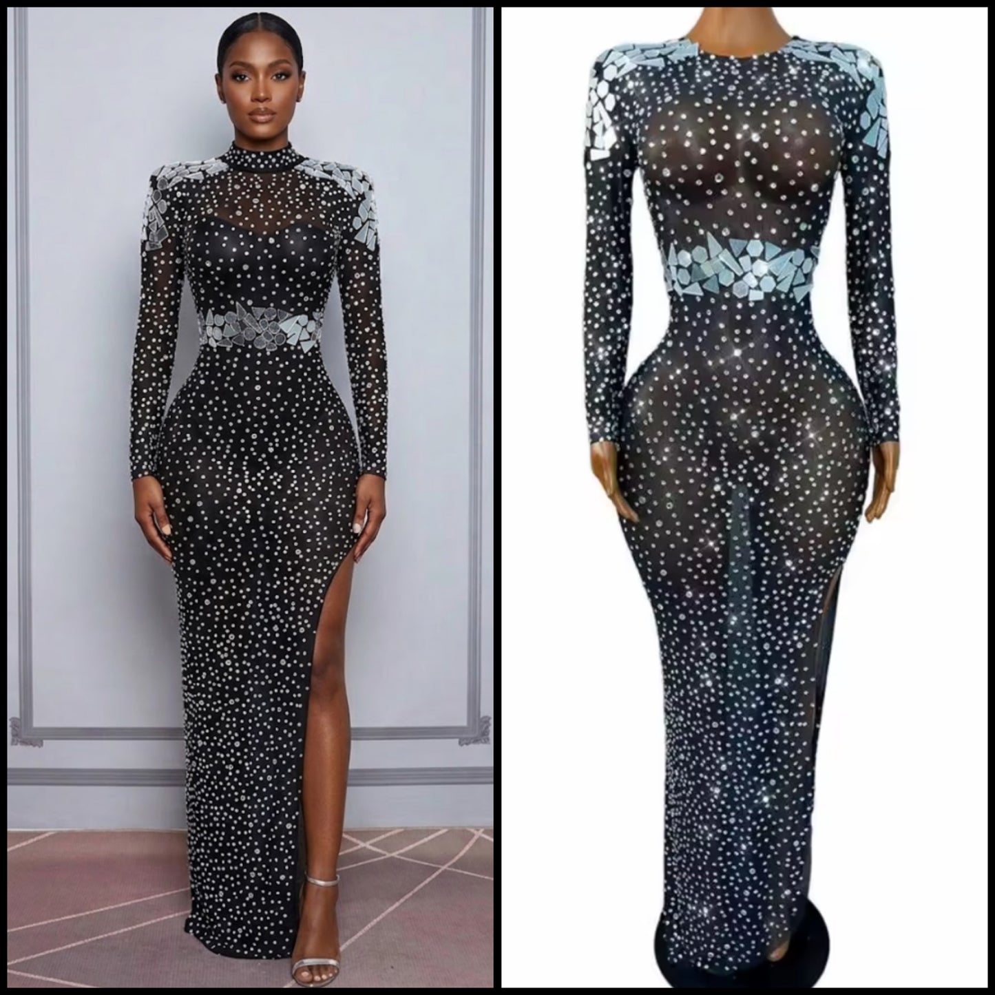 Sexy Rhinestone Mirror Black Full Sleeve Side Split Maxi Dress