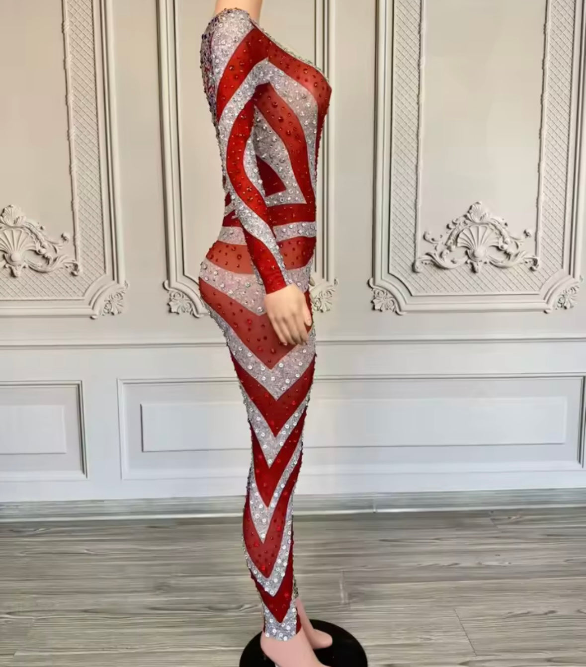 Sexy Striped Star Rhinestone See Through Full Sleeve Jumpsuit